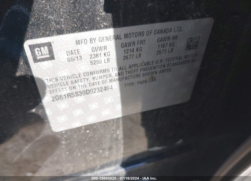 2013 CADILLAC XTS LUXURY VIN: 2G61R5S39D9232464
