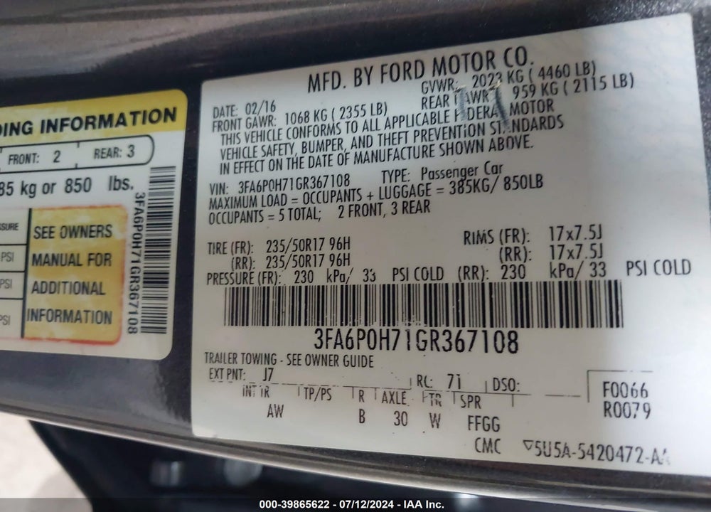 2016 FORD FUSION SE VIN: 3FA6P0H71GR367108