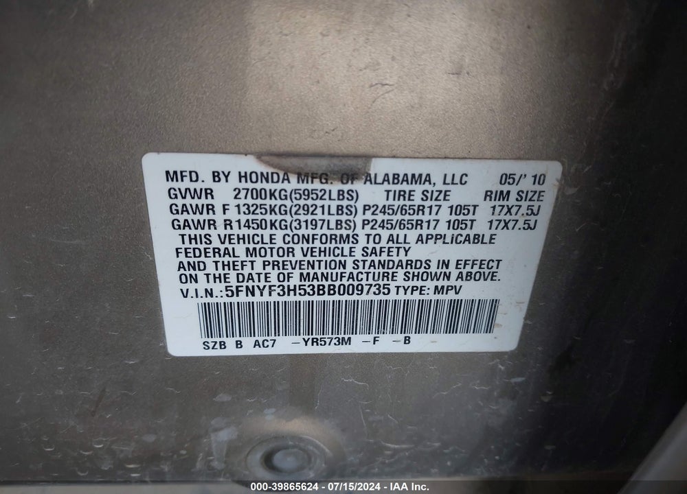 2011 HONDA PILOT EX-L VIN: 5FNYF3H53BB009735