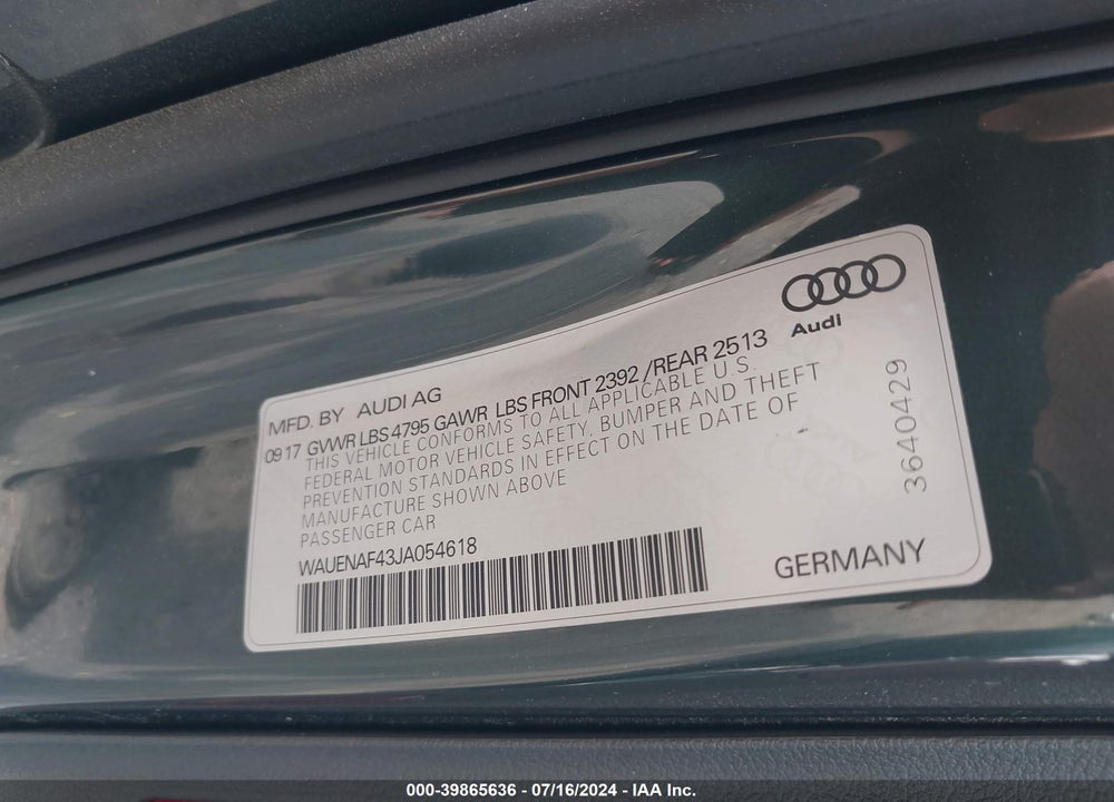 2018 AUDI A4 2.0T PREMIUM/2.0T TECH PREMIUM VIN: WAUENAF43JA054618