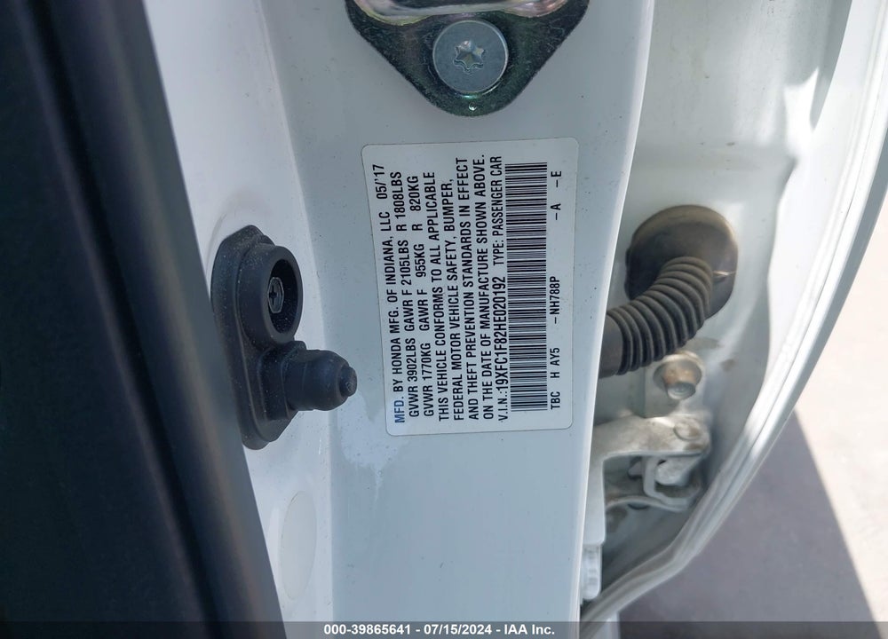 2017 HONDA CIVIC VIN: 19XFC1F82HE020192