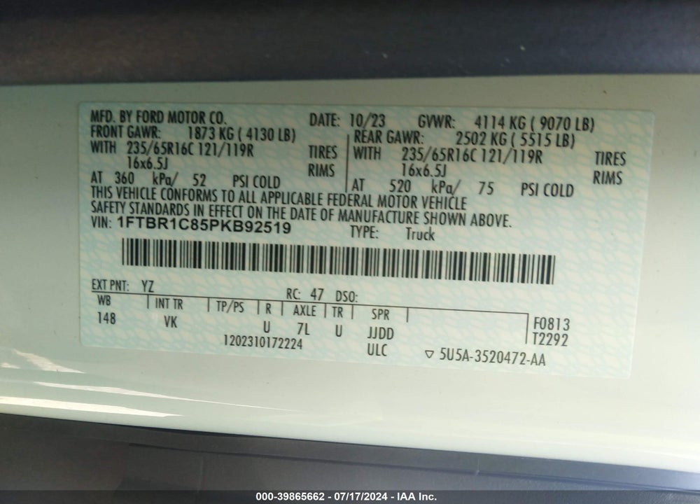 2023 FORD TRANSIT-250 VIN: 1FTBR1C85PKB92519