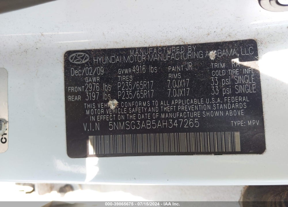 2010 HYUNDAI SANTA FE GLS VIN: 5NMSG3AB5AH347265