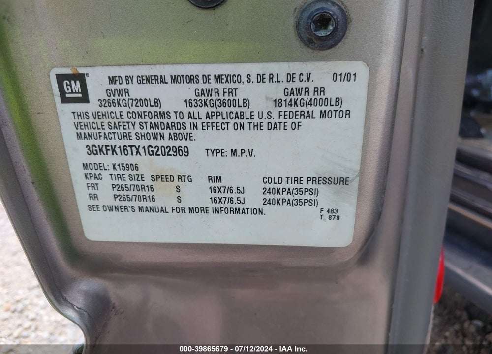 2001 GMC YUKON XL 1500 SLT VIN: 3GKFK16TX1G202969