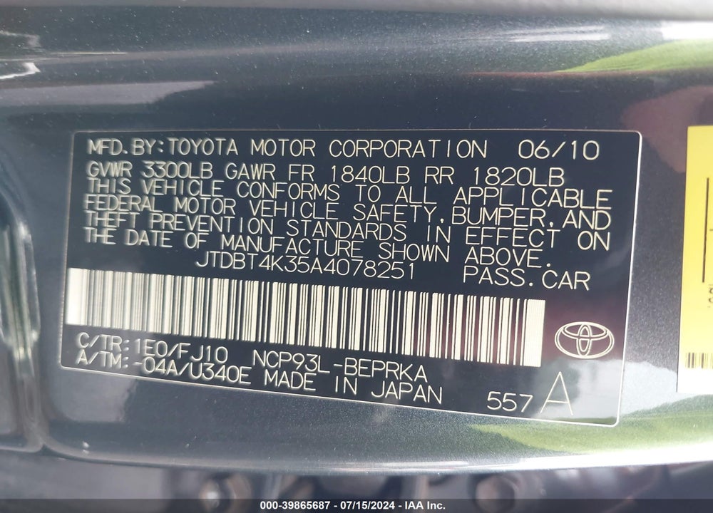 2010 TOYOTA YARIS VIN: JTDBT4K35A4078251