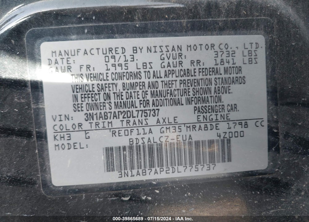 2013 NISSAN SENTRA S VIN: 3N1AB7AP2DL775737
