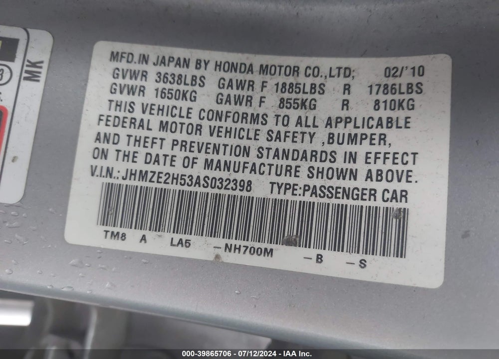 2010 HONDA INSIGHT LX VIN: JHMZE2H53AS032398