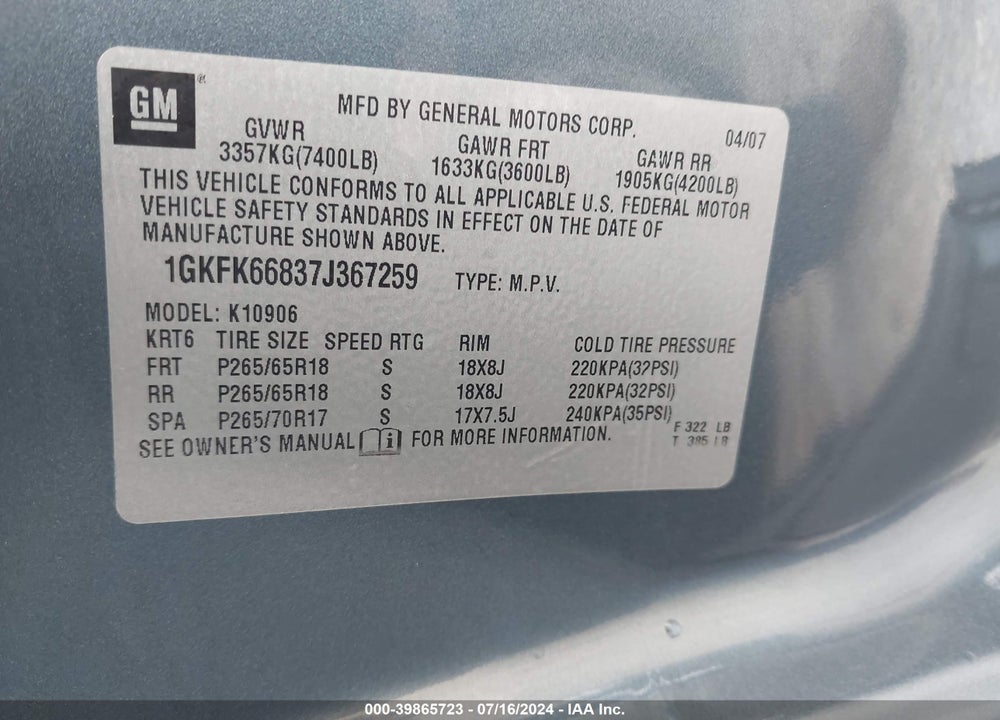 2007 GMC YUKON XL 1500 DENALI VIN: 1GKFK66837J367259