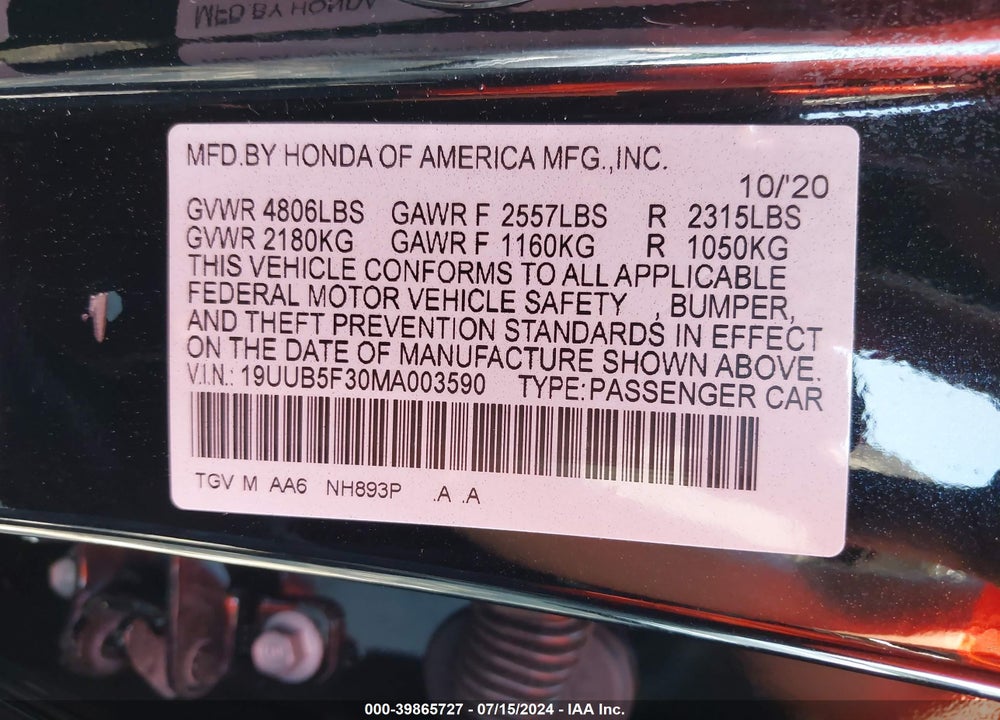 2021 ACURA TLX STANDARD VIN: 19UUB5F30MA003590