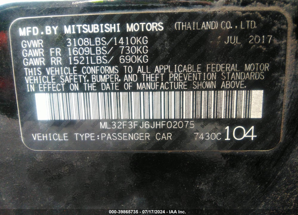 2018 MITSUBISHI MIRAGE G4 ES VIN: ML32F3FJ6JHF02075