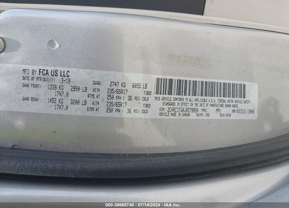 2018 CHRYSLER PACIFICA TOURING PLUS VIN: 2C4RC1FG0JR279854