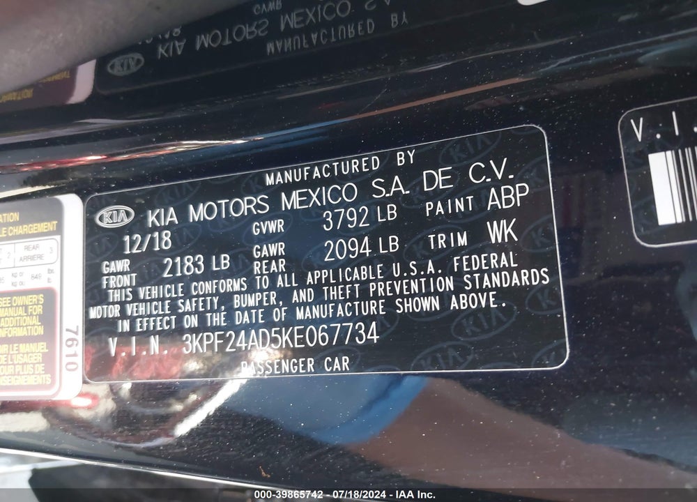 2019 KIA FORTE LXS VIN: 3KPF24AD5KE067734