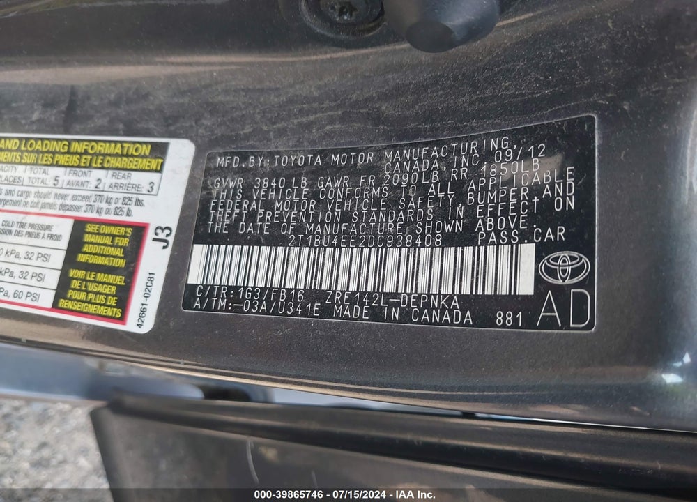 2013 TOYOTA COROLLA LE VIN: 2T1BU4EE2DC938408