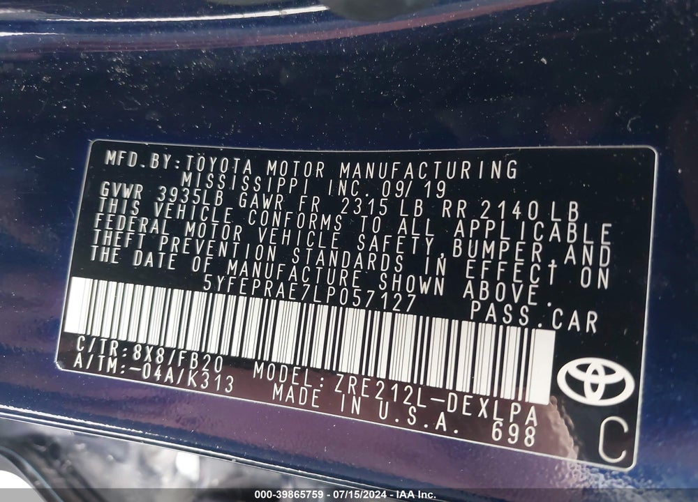 2020 TOYOTA COROLLA LE VIN: 5YFEPRAE7LP057127