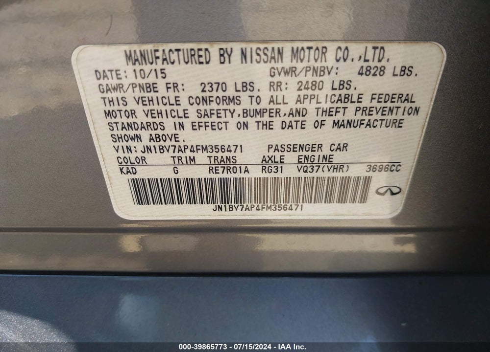 2015 INFINITI Q50 VIN: JN1BV7AP4FM356471