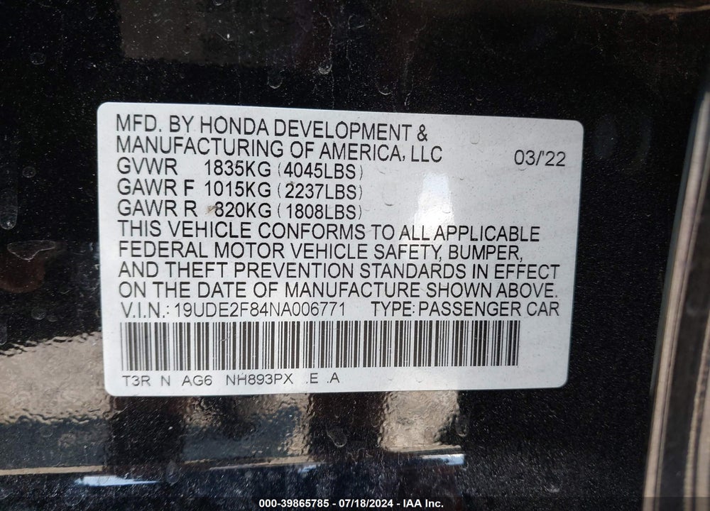 2022 ACURA ILX PREMIUM A-SPEC PACKAGES/TECHNOLOGY A-SPEC PACKAGES VIN: 19UDE2F84NA006771
