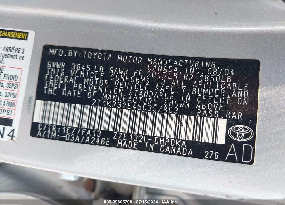 2005 TOYOTA MATRIX VIN: 2T1KR32E45C357803