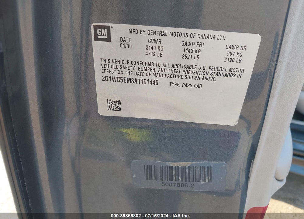 2010 CHEVROLET IMPALA LTZ VIN: 2G1WC5EM3A1191440