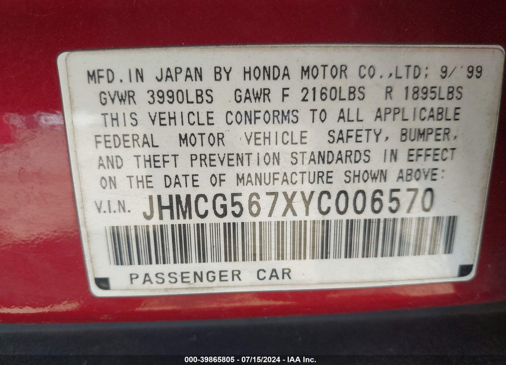 2000 HONDA ACCORD 2.3 SE VIN: JHMCG567XYC006570
