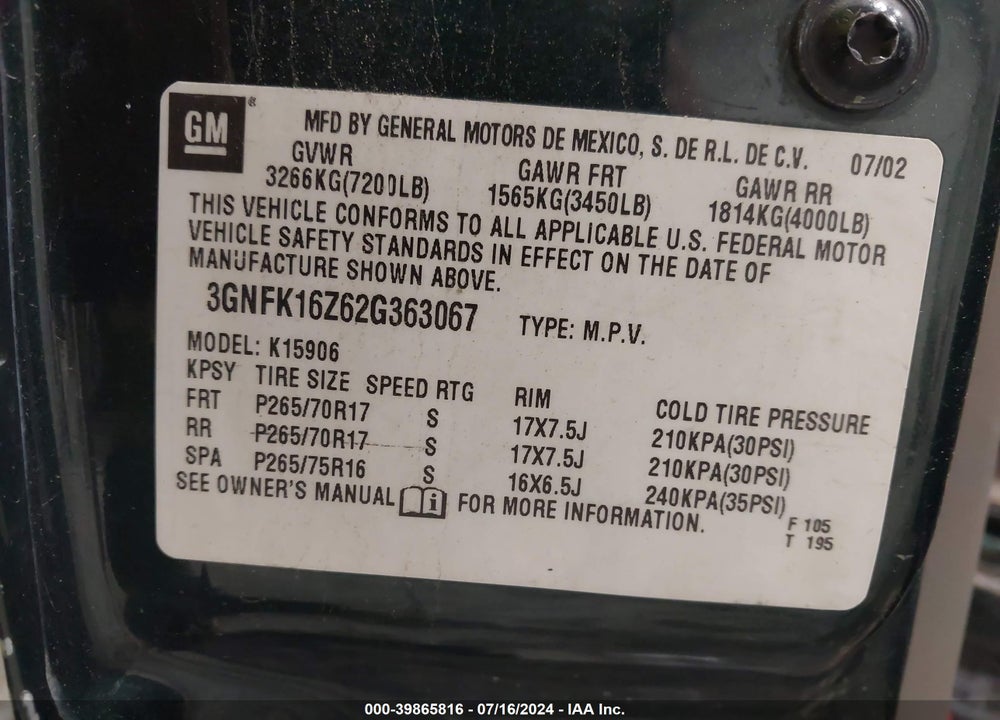 2002 CHEVROLET SUBURBAN 1500 Z71 VIN: 3GNFK16Z62G363067