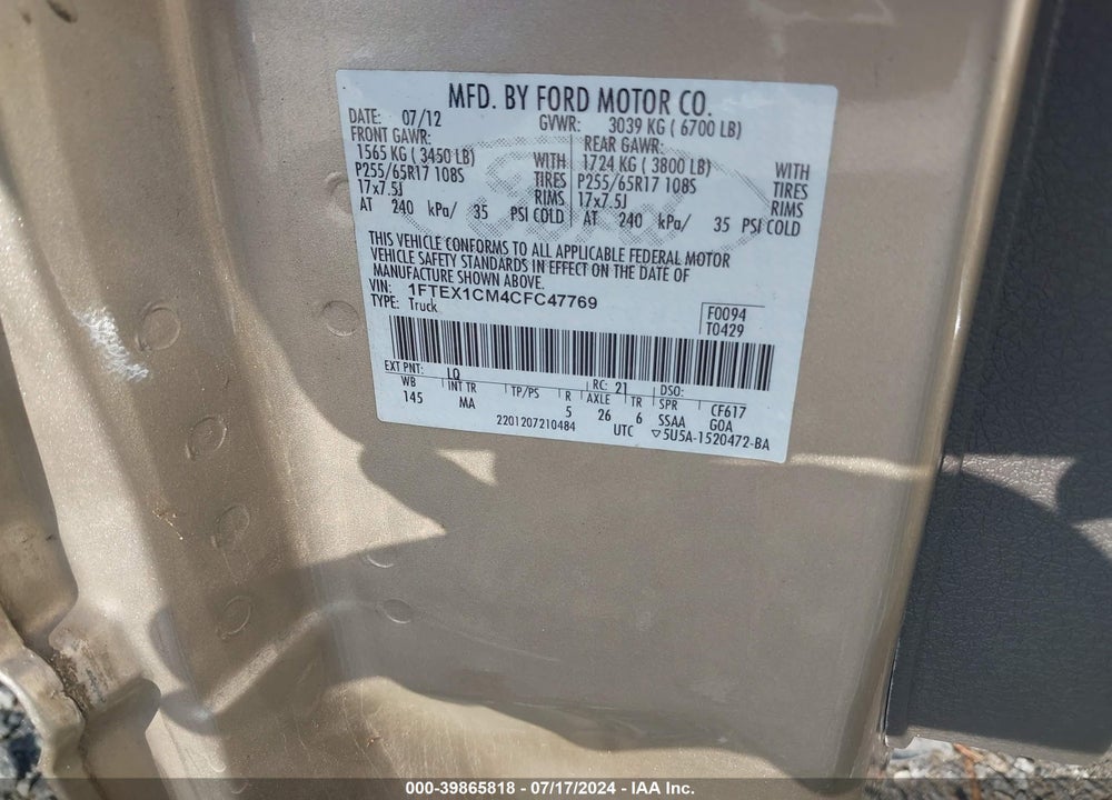 2012 FORD F-150 XLT VIN: 1FTEX1CM4CFC47769