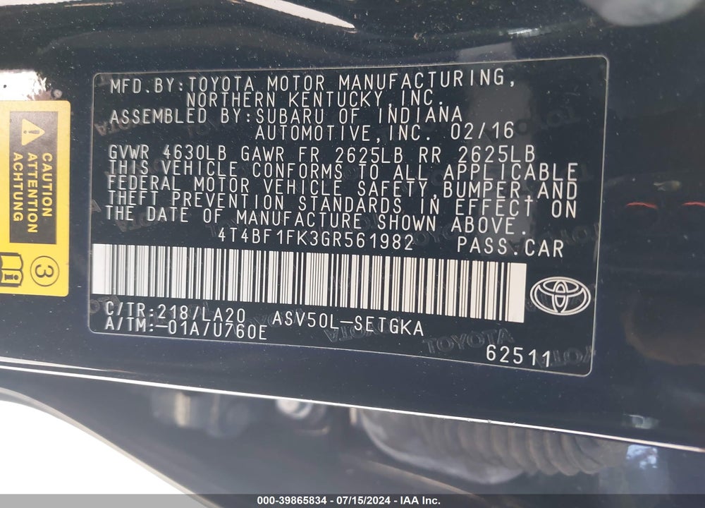 2016 TOYOTA CAMRY XLE VIN: 4T4BF1FK3GR561982