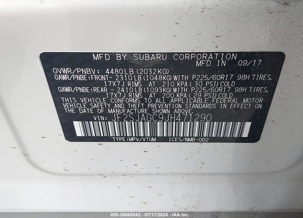 2018 SUBARU FORESTER 2.5I PREMIUM VIN: JF2SJAGC9JH471290