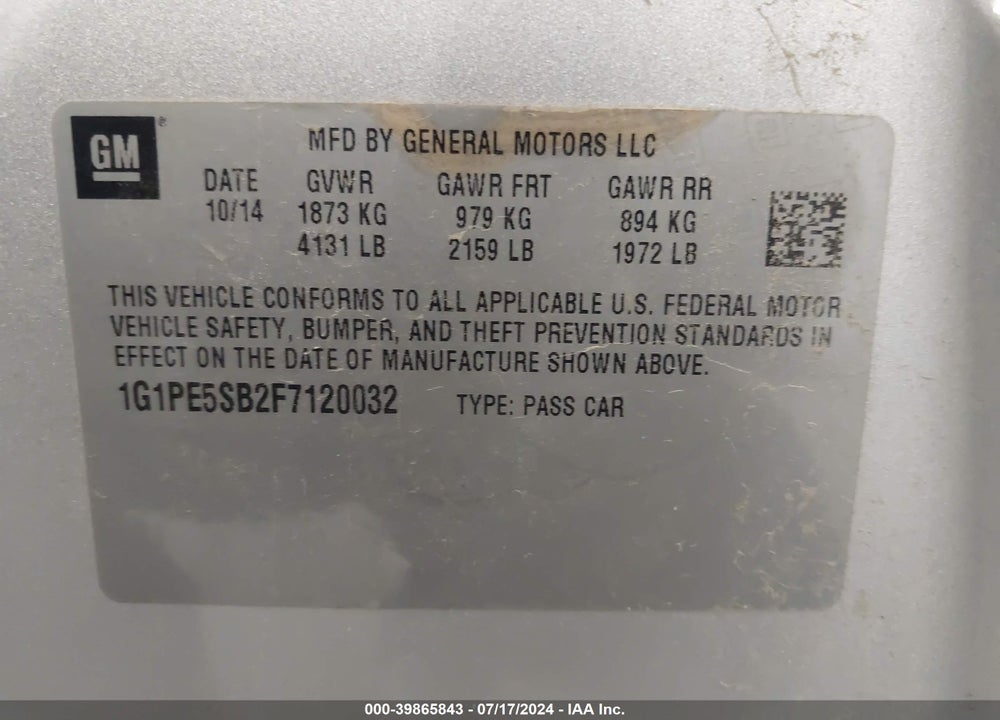 2015 CHEVROLET CRUZE 2LT AUTO VIN: 1G1PE5SB2F7120032