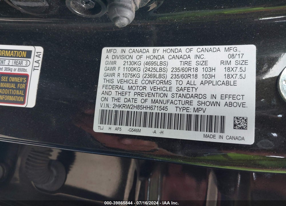 2017 HONDA CR-V EX-L/EX-L NAVI VIN: 2HKRW2H85HH671545
