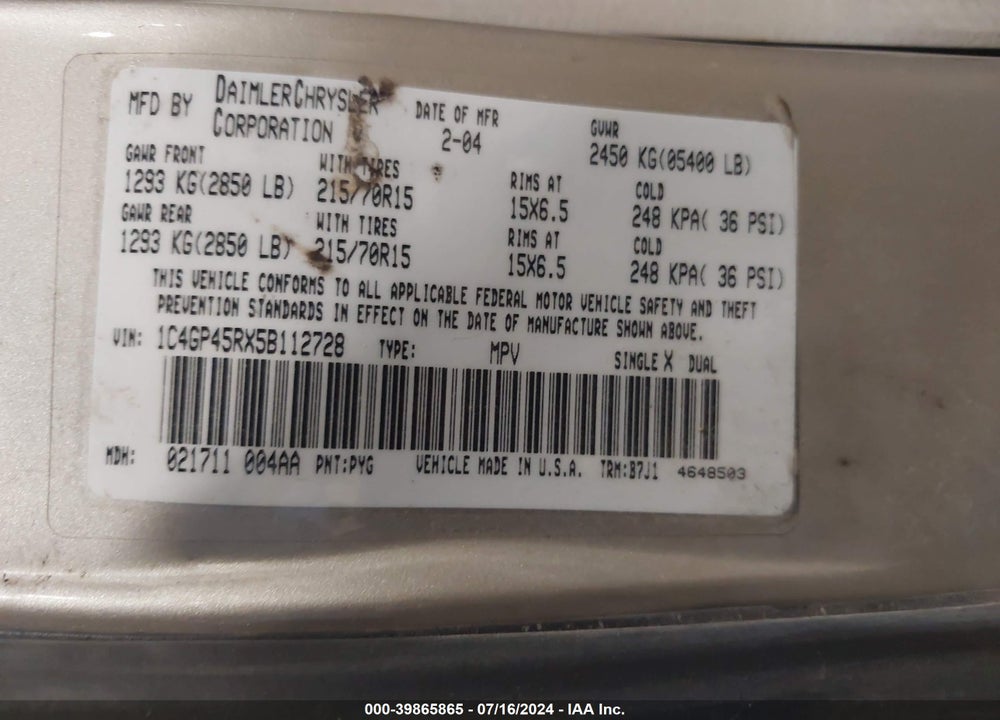 2005 CHRYSLER TOWN & COUNTRY VIN: 1C4GP45RX5B112728