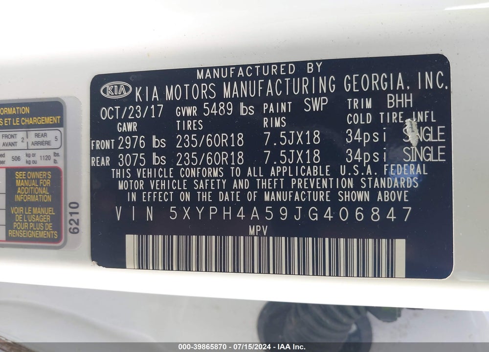 2018 KIA SORENTO 3.3L EX VIN: 5XYPH4A59JG406847
