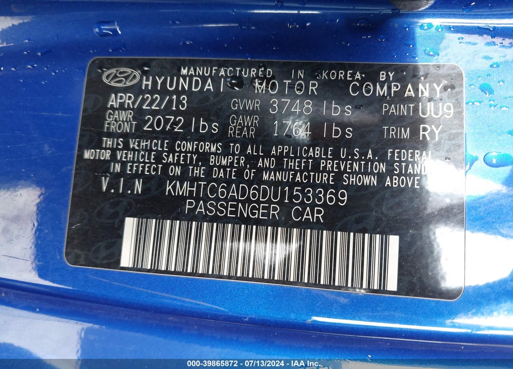 2013 HYUNDAI VELOSTER VIN: KMHTC6AD6DU153369