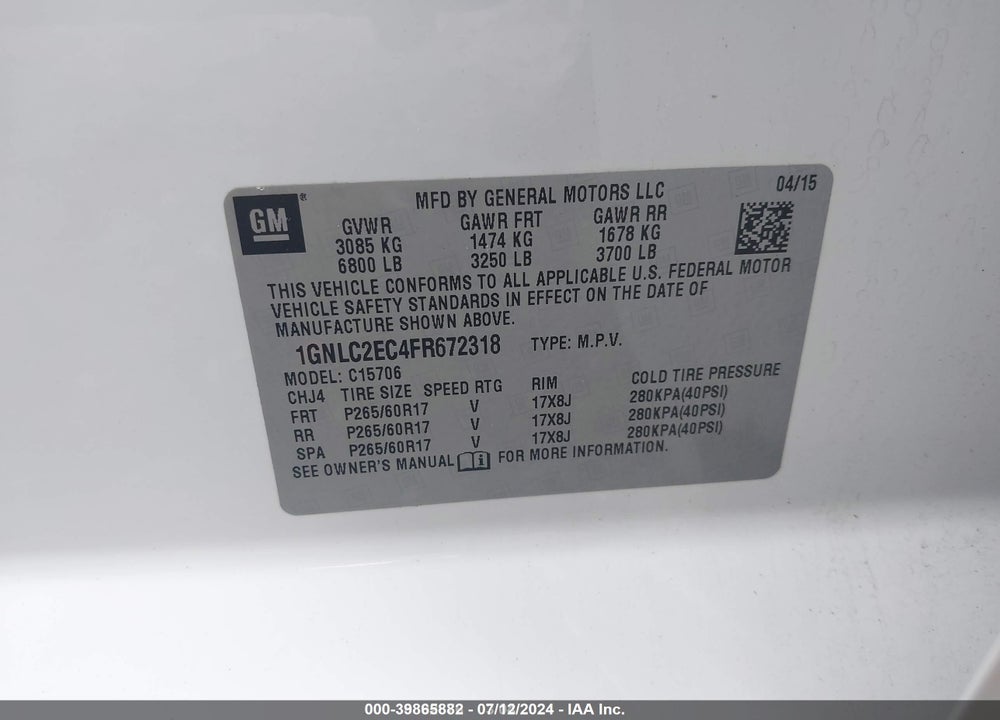 2015 CHEVROLET TAHOE COMMERCIAL FLEET VIN: 1GNLC2EC4FR672318