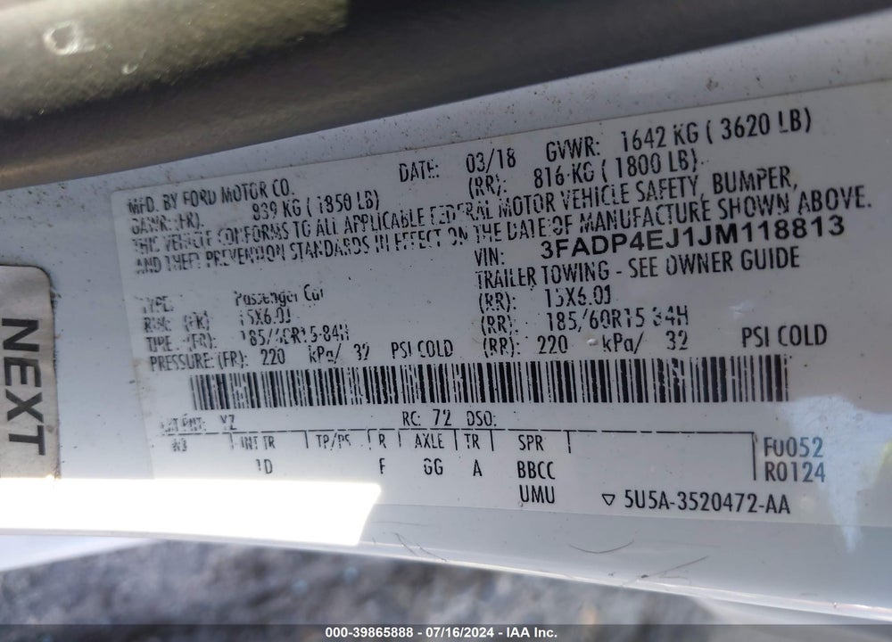 2018 FORD FIESTA SE VIN: 3FADP4EJ1JM118813