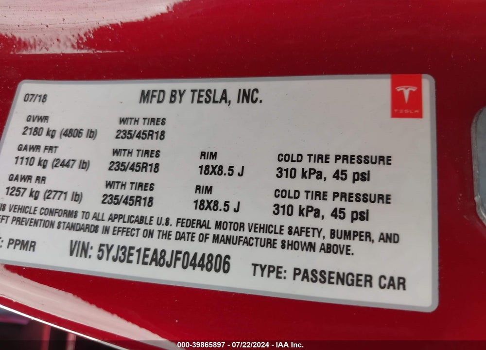 2018 TESLA MODEL 3 LONG RANGE/MID RANGE VIN: 5YJ3E1EA8JF044806