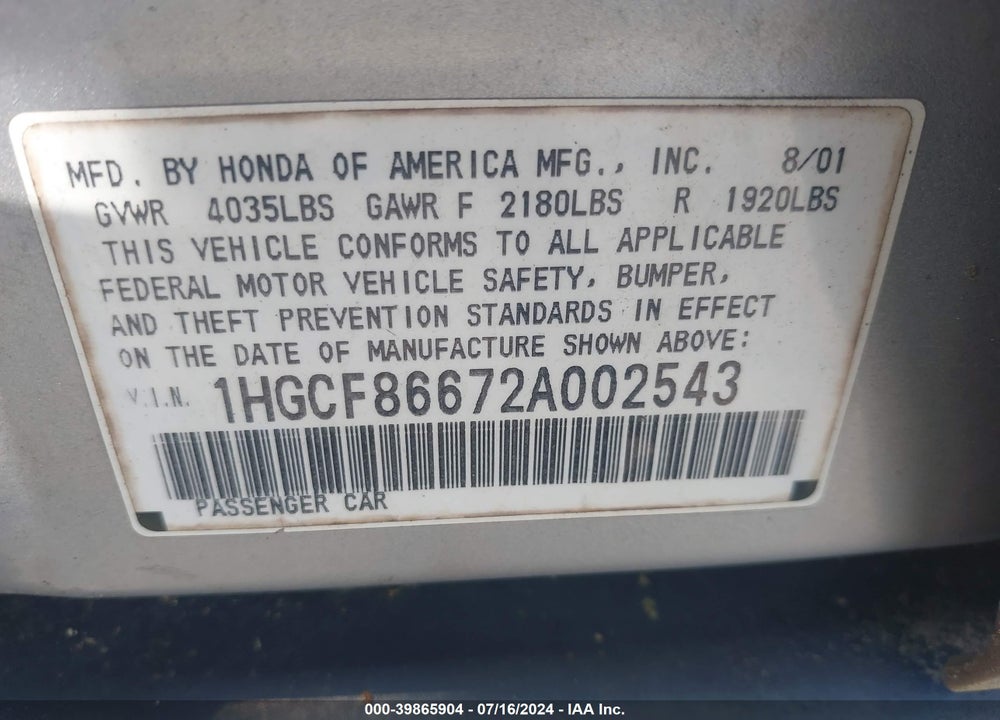 2002 HONDA ACCORD 2.3 VP VIN: 1HGCF86672A002543