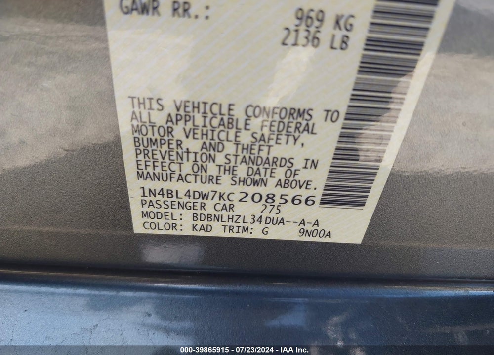 2019 NISSAN ALTIMA 2.5 SV VIN: 1N4BL4DW7KC208566