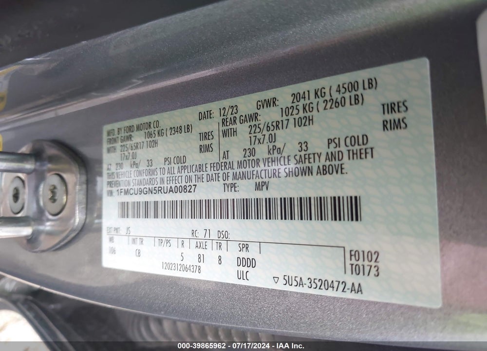 2024 FORD ESCAPE ACTIVE VIN: 1FMCU9GN5RUA00827