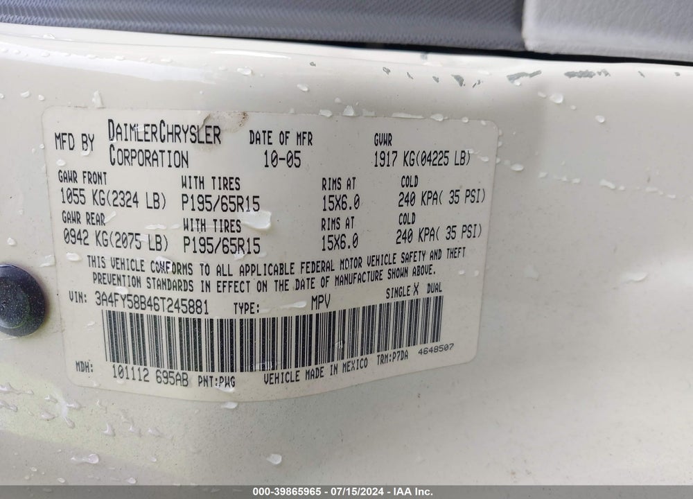 2006 CHRYSLER PT CRUISER TOURING VIN: 3A4FY58B46T245881