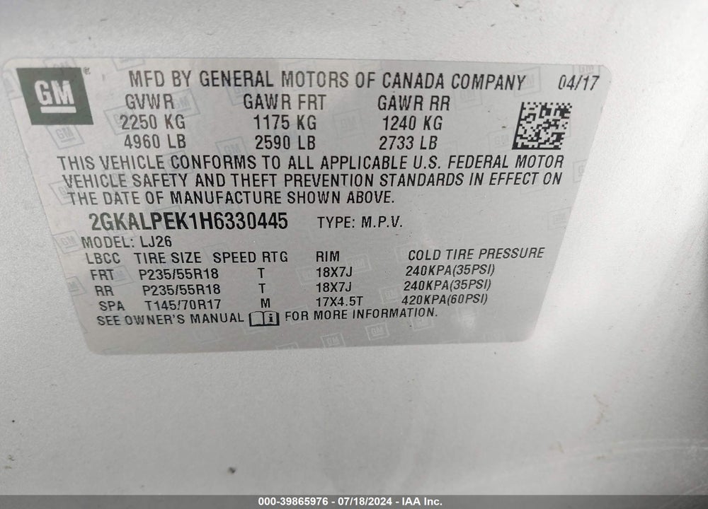 2017 GMC TERRAIN SLT VIN: 2GKALPEK1H6330445