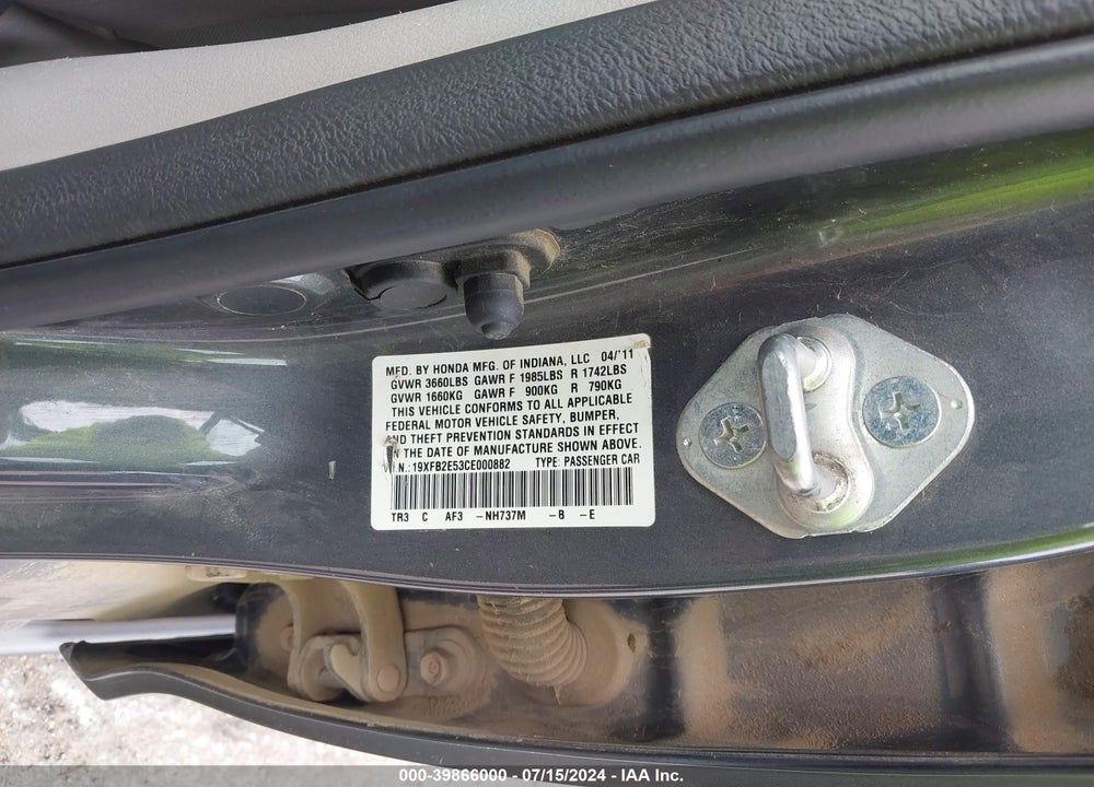 2012 HONDA CIVIC LX VIN: 19XFB2E53CE000882