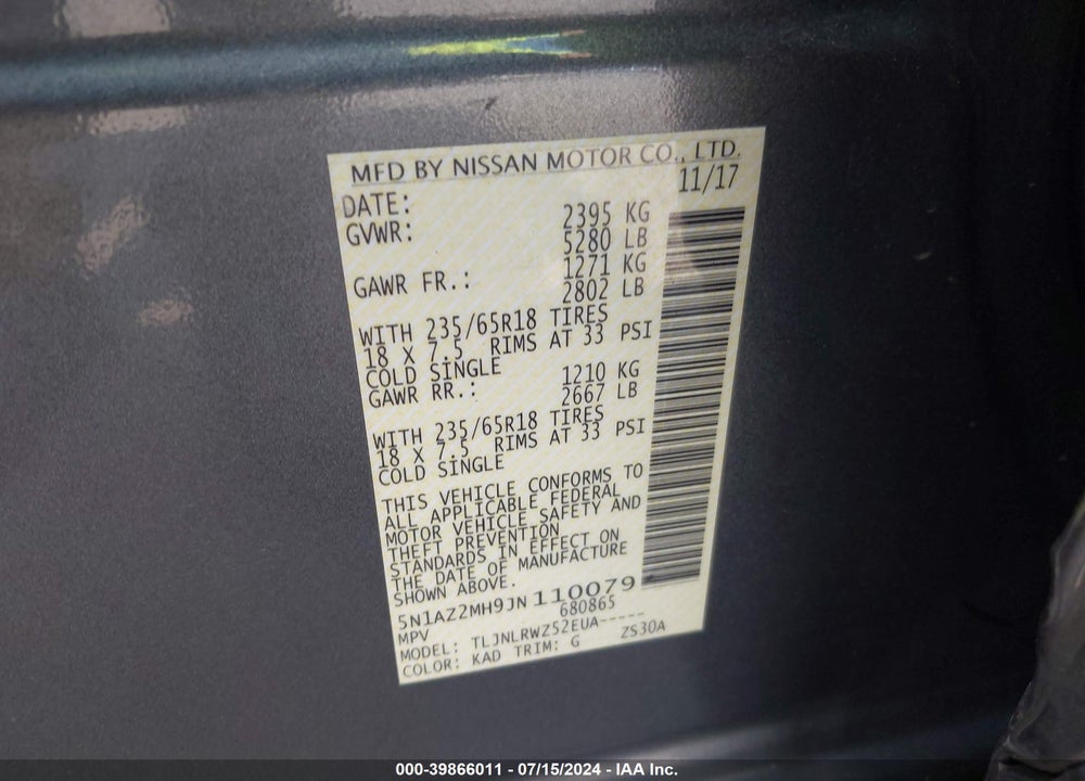 2018 NISSAN MURANO SL VIN: 5N1AZ2MH9JN110079