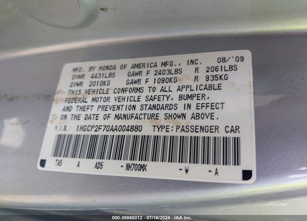 2010 HONDA ACCORD EX VIN: 1HGCP2F70AA004880