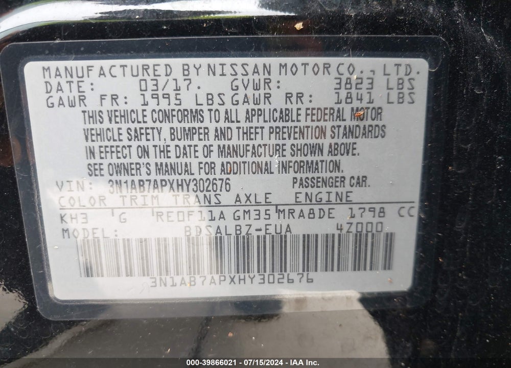 2017 NISSAN SENTRA S VIN: 3N1AB7APXHY302676