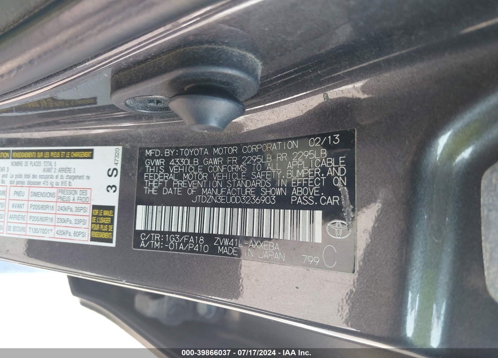 2013 TOYOTA PRIUS V THREE VIN: JTDZN3EU0D3236903