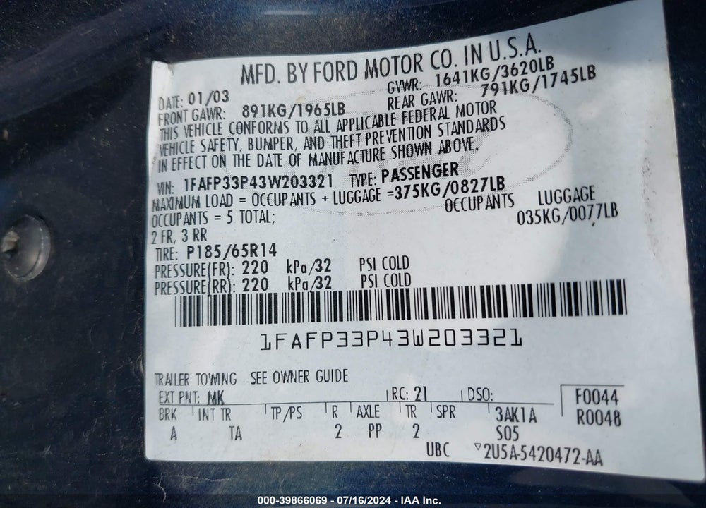 2003 FORD FOCUS LX VIN: 1FAFP33P43W203321