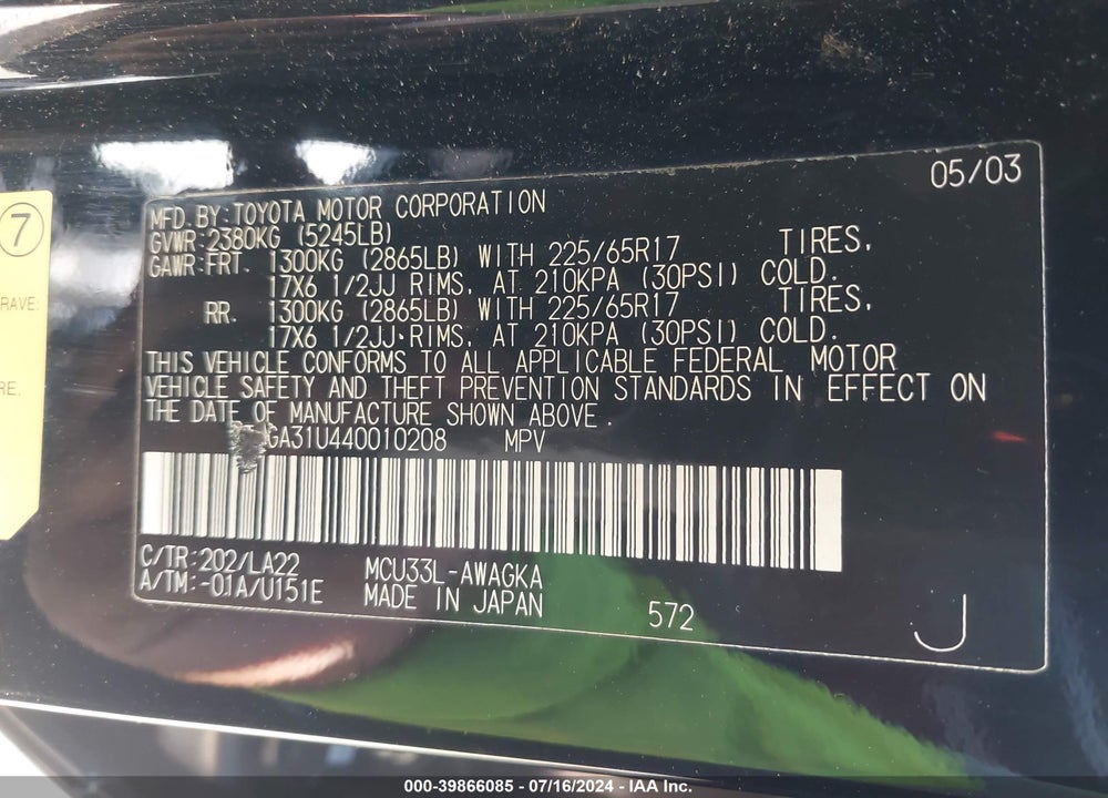 2004 LEXUS RX 330 VIN: JTJGA31U440010208