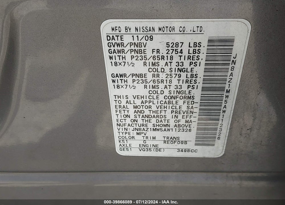 2010 NISSAN MURANO S VIN: JN8AZ1MW5AW112326