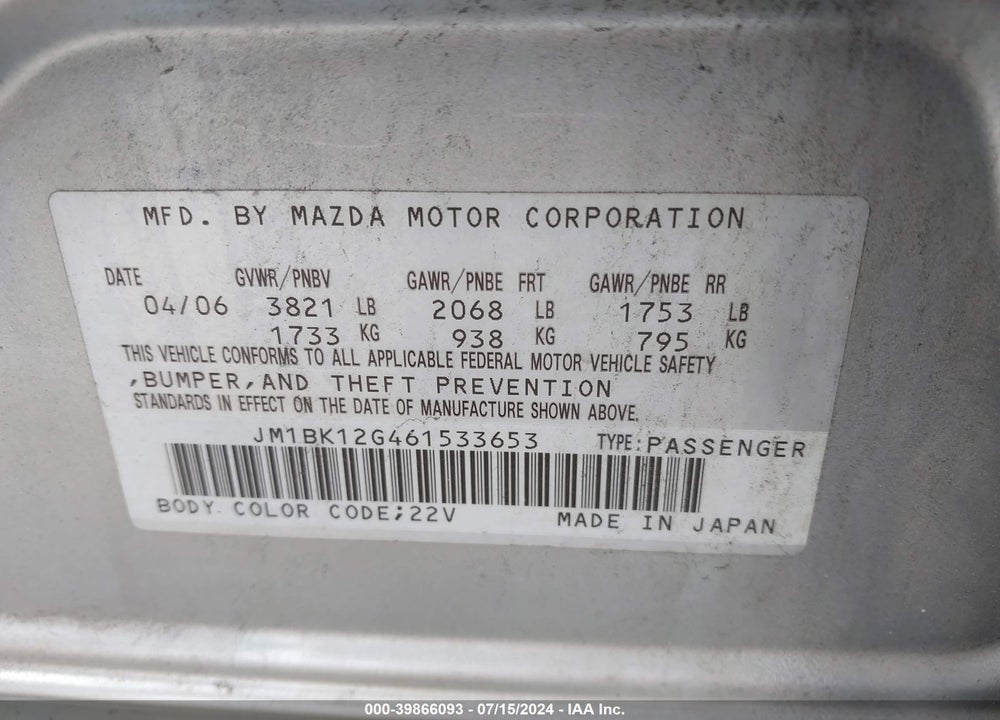 2006 MAZDA 3 I VIN: JM1BK12G461533653