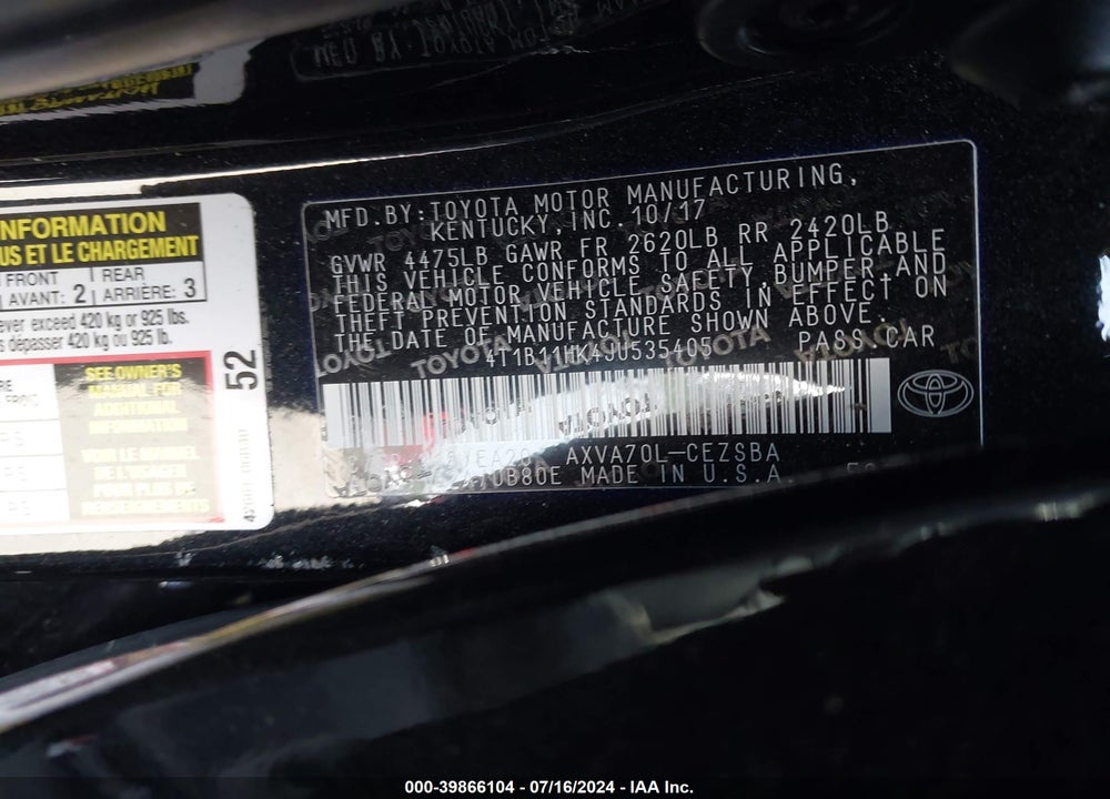 2018 TOYOTA CAMRY SE VIN: 4T1B11HK4JU535405